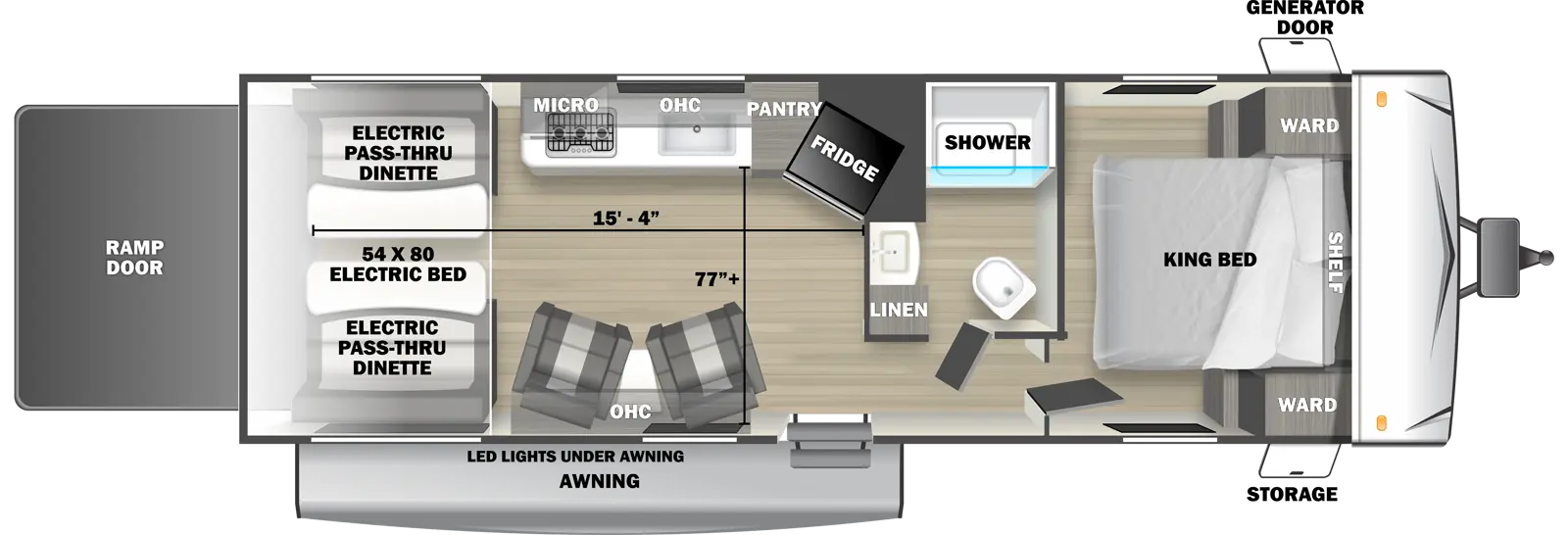 The 2500RLS travel trailer has no slide outs, 1 entry door and 1 rear ramp door. Exterior features include an awning with LED lights, front door side storage and front off-door side generator door. Interior layout from front to back includes: front bedroom with foot-facing King bed, shelf over the bed, and front corner wardrobes; off-door side bathroom with shower, linen storage, toilet and single sink vanity; off-door side kitchen with overhead microwave, overhead cabinets, pantry, stovetop and angled refrigerator; 2 door side recliners with end table; and rear electric 60 x 80 bed with opposing side electric pass-through dinette. Cargo length from rear of unit to kitchen wall is 15 ft. 4 in. Cargo width from kitchen countertop to door side wall is 77 inches.